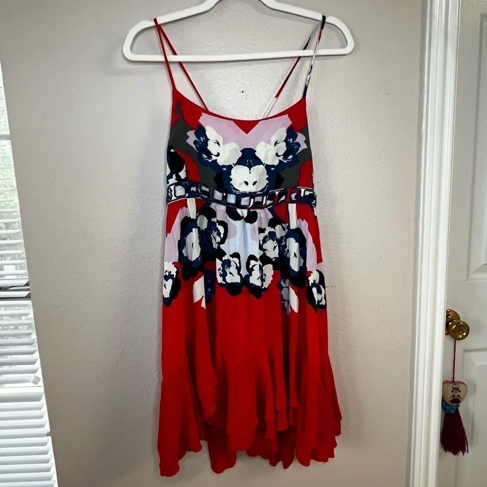 Free People Sweet Lucy Dress, Ruffle Hem Orange with Navy Blue & White Size S P